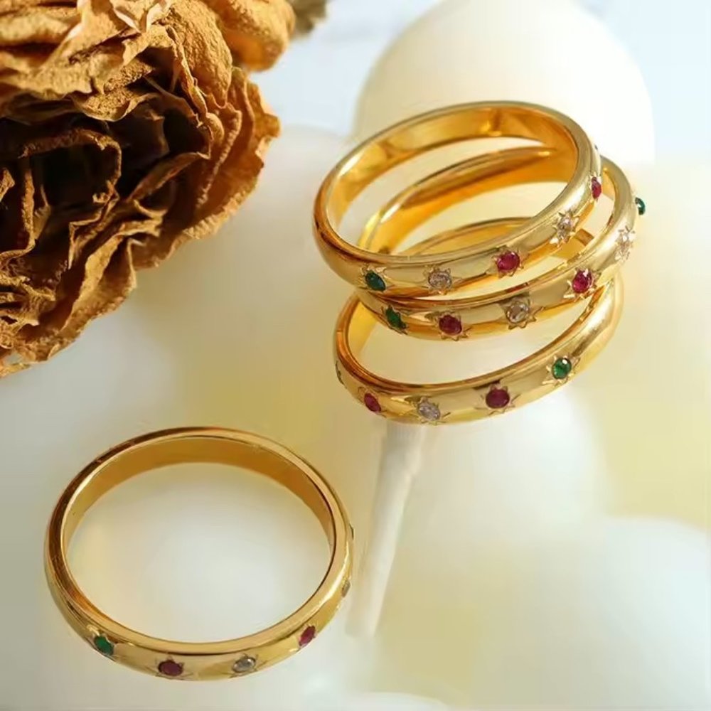 Stainless Steel BOHO Gold Waterproof Jewelry Zircon Star Stacking Rings Women - Picture 4 of 5